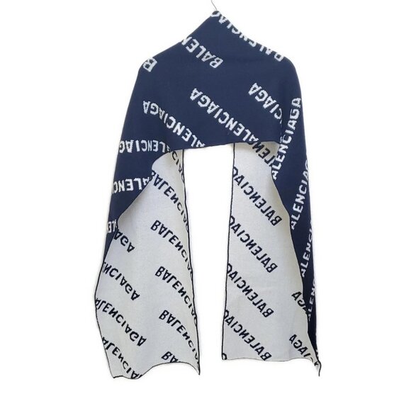Auth BALENCIAGA - 633719 Dark Navy White Wool Scarf - Picture 1 of 3